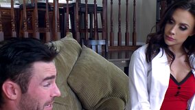A sexy doctor that has large tits is taking care of her patient