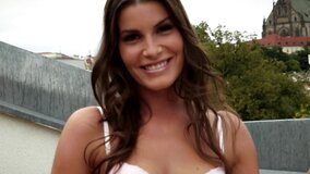 Great looking brown haired chick with a dildo drills her twat