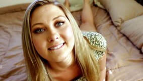 Peach caresses little pecker in front of the POV camera